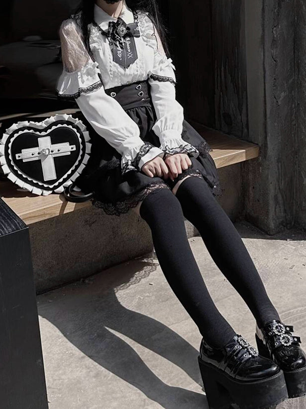 Jirai Kei Heart Backpack with Wings & Cross PU Leather in Black / Light Blue / Pink