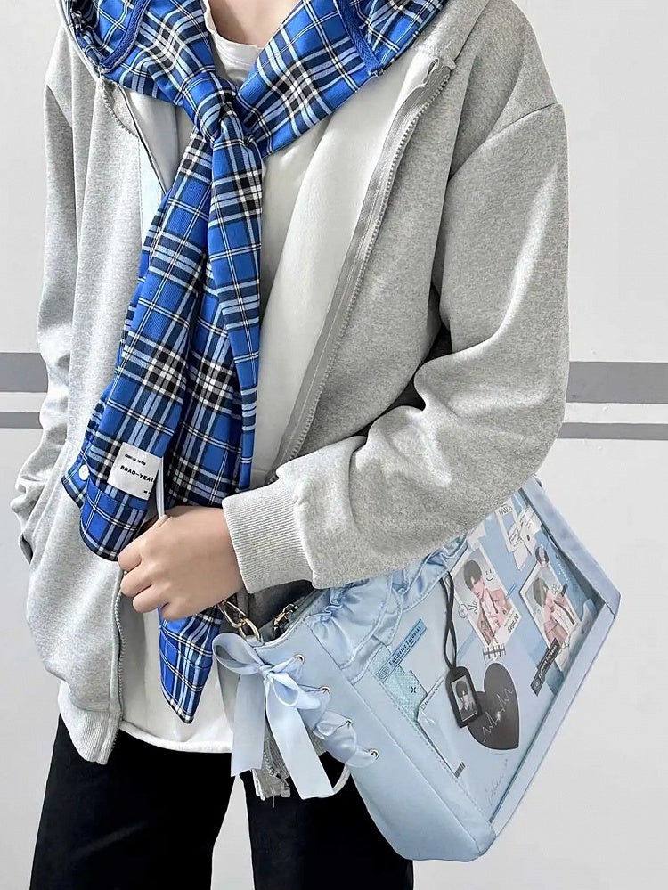 Blue Satin Ruffle Trims Self-tie Straps Ita Bag With Bow Card Holder