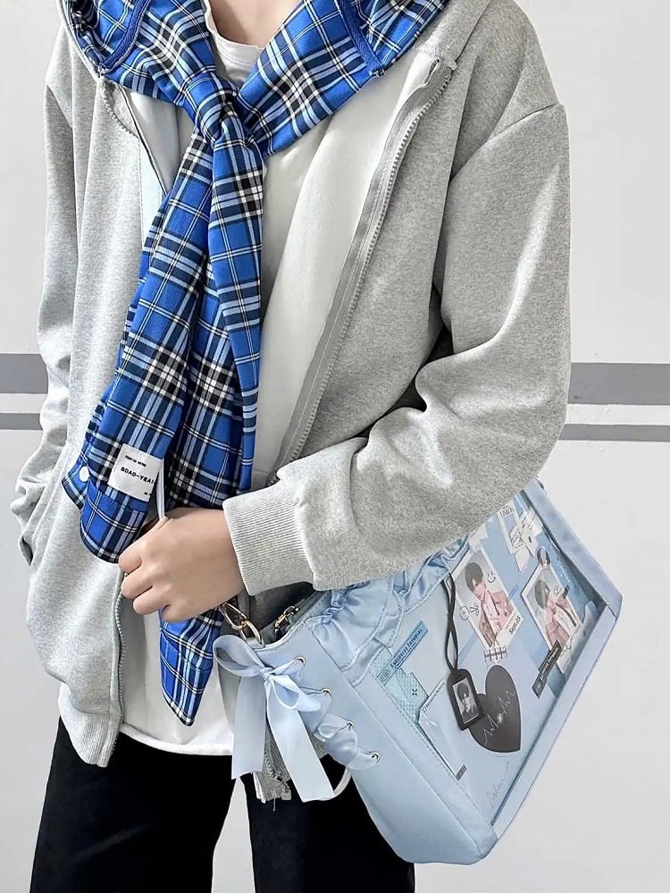 Blue Satin Ruffle Trims Self-tie Straps Ita Bag With Bow Card Holder