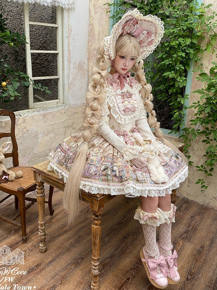 Cream-colored Flutter Sleeves Sweet Lolita JSK Dress with Fairytale Town Print and Bow Accents