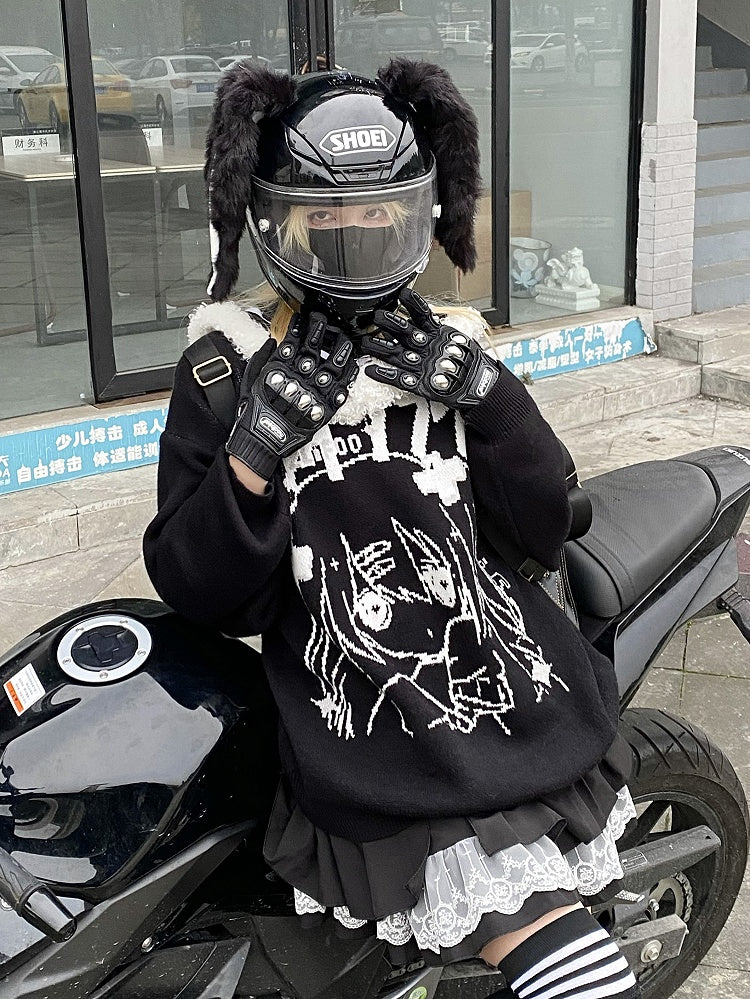 Black Jira Kei Sweater with Detachable Sailor Collar and Cartoon Girl Design