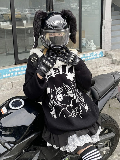 Black Jira Kei Sweater with Detachable Sailor Collar and Cartoon Girl Design