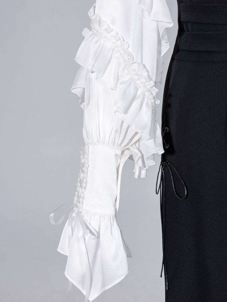 Ruffled High Neck Black Bead Chain and Cascading Ruffles Long Sleeves Siren Shirt