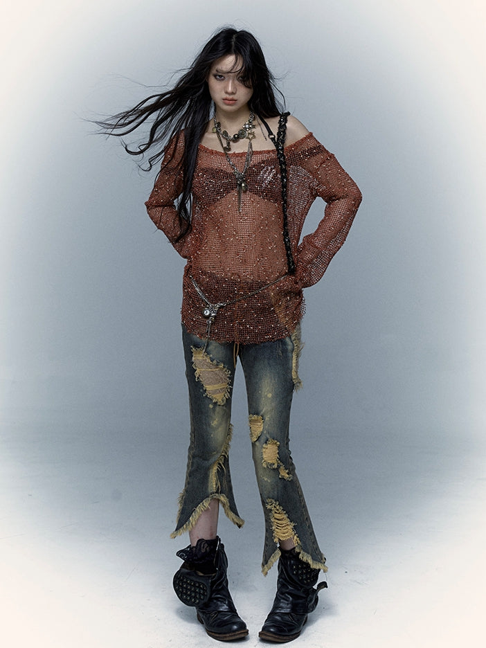 Lace-up Detail Blue Distressed Holes Faded Wash Punk Jeans Raw Hem