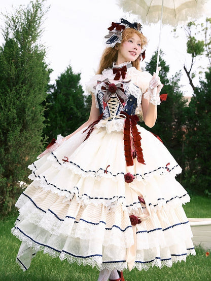Snow White Vibes Dark Blue and Red Boned Corset Top + Tiered Skirt Gorgeous Hime Lolita Full Set
