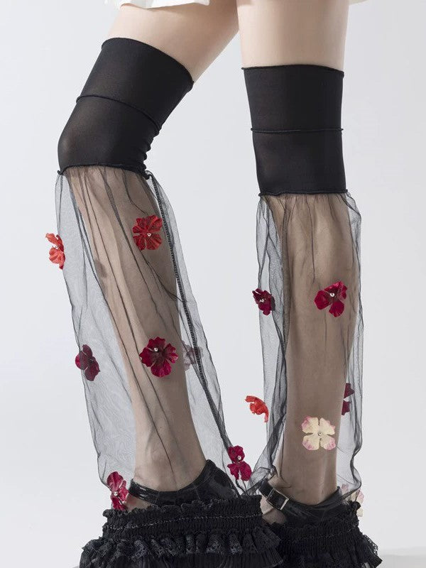 Black/White Semi-sheer Leg Sleeves With Red/Pink/Blue Flowers