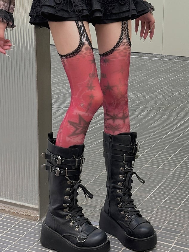 Red 100D/20D Star Leopard Print Lace Trim Suspender Tights