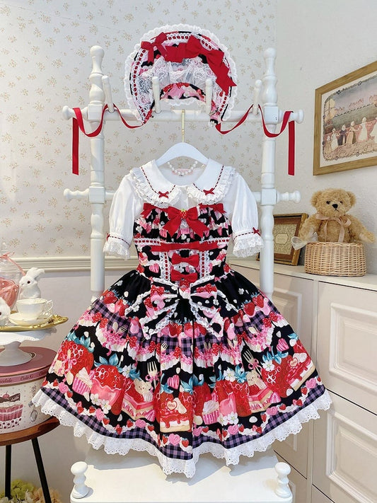 Strawberry and Dessert Print Black Sweet Lolita Dress
