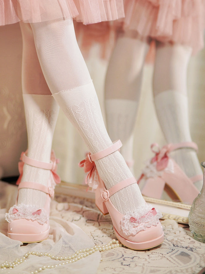 Pink Knotted Bow at Top Lace Trim Heart Buckles High Block Heels