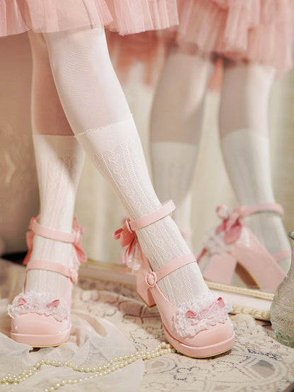 Pink Knotted Bow at Top Lace Trim Heart Buckles High Block Heels