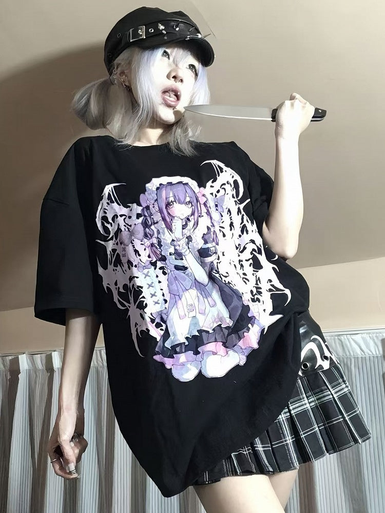 Black Jirai Kei Cartoon Girl Print Round Neck T-shirt