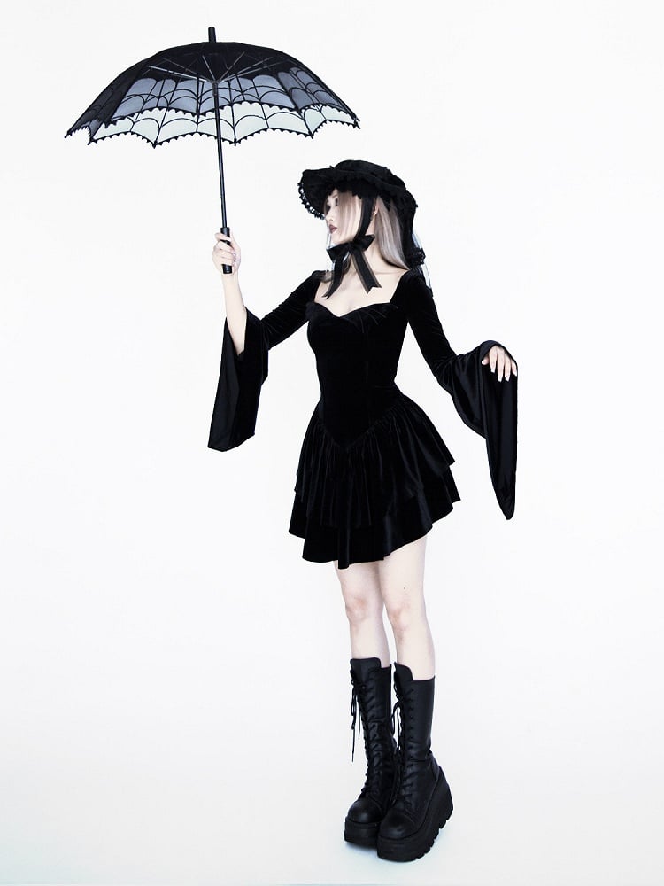 Gothic Black Velvet Bell Sleeves  Tiered Skirt Witch Dress