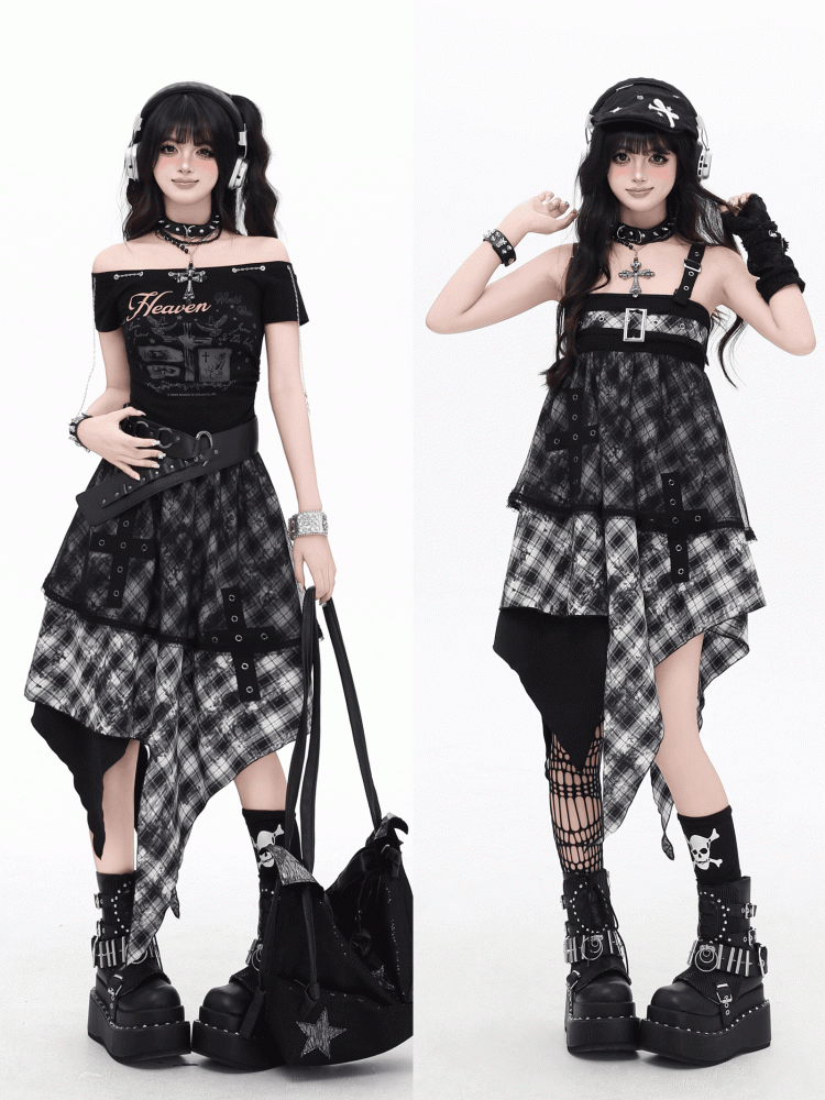 Black and White Plaid Handkerchief Hem Sleeveless Dress With Overlay Two Ways Wear