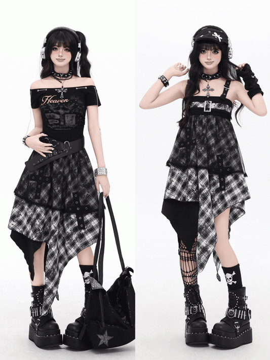 Black and White Plaid Handkerchief Hem Sleeveless Dress With Overlay Two Ways Wear