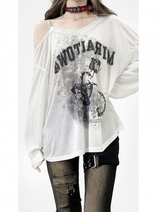 White Asymmetrical Neckline Print Design Long Sleeves Top