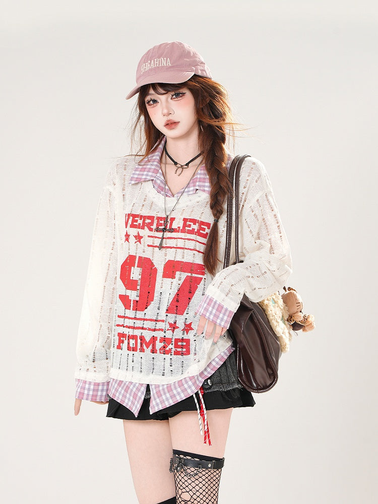 Plaid Hem Gray/White Distressed Holes Coverup Faux Two-pieces