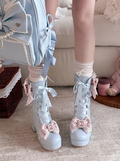 Sweet Lolita Blue Boots in PU - Rhinestone Bead Accents Pink Bowknot Details & Dual Closure System