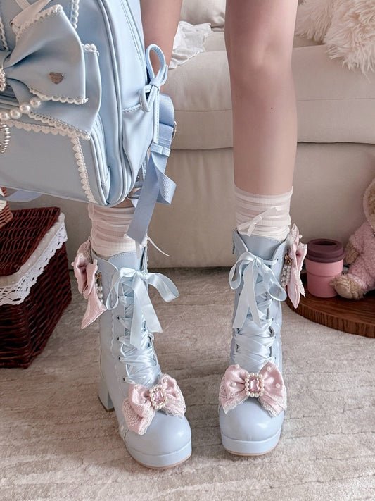 Sweet Lolita Blue Boots in PU - Rhinestone Bead Accents Pink Bowknot Details & Dual Closure System