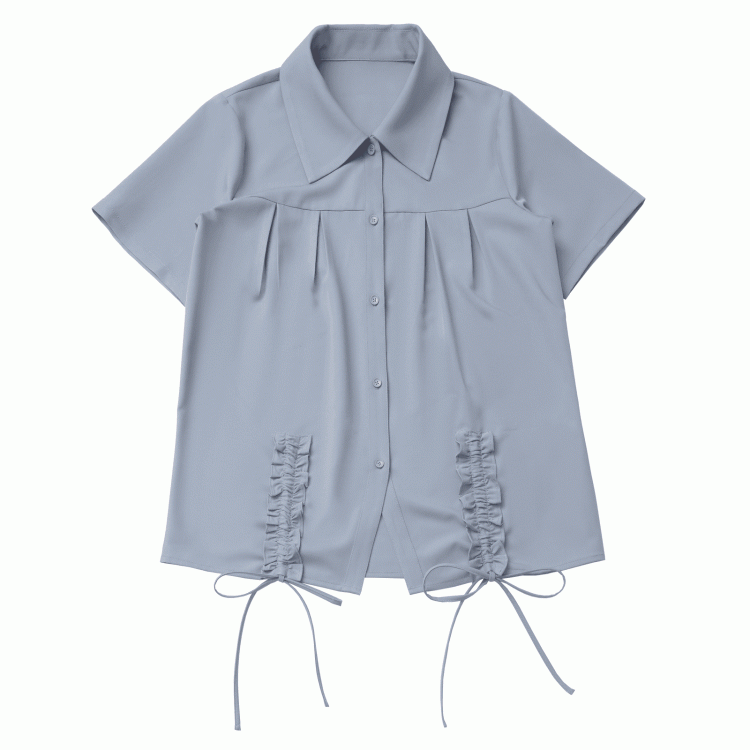 Dusty Blue Ruffle Trim Drawstring Details Preppy Style Loose Shirt