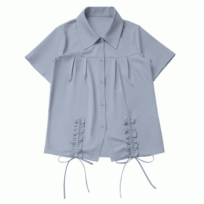 Dusty Blue Ruffle Trim Drawstring Details Preppy Style Loose Shirt