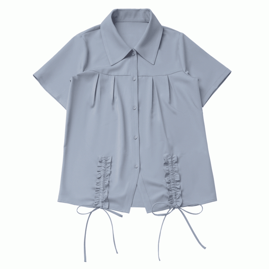 Dusty Blue Ruffle Trim Drawstring Details Preppy Style Loose Shirt
