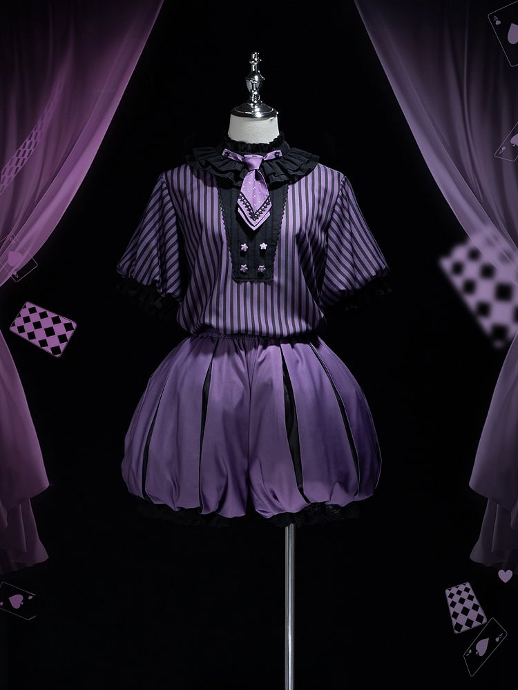 Clearance-Size L for Bust 100CM Kuromi Black and Purple Bunny Theme Circus Vibes Ouji Lolita Striped Pattern Top + Waist 64-74CM Bloomers Set