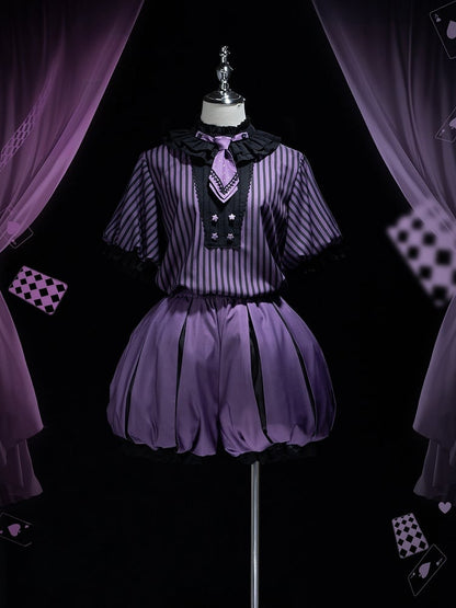 Clearance-Size L for Bust 100CM Kuromi Black and Purple Bunny Theme Circus Vibes Ouji Lolita Striped Pattern Top + Waist 64-74CM Bloomers Set
