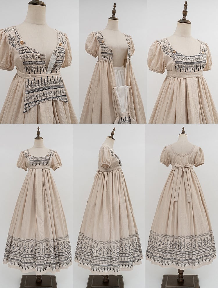 Foldover Design Neckline Blue Vintage Embroidery Empire Waist Elegant Lolita One Piece Long/Short Version