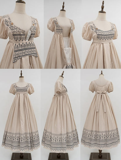 Foldover Design Neckline Blue Vintage Embroidery Empire Waist Elegant Lolita One Piece Long/Short Version