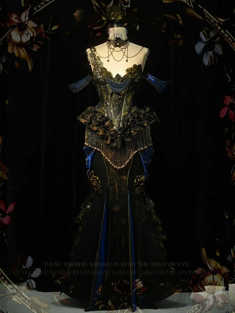 Black and Gold Victorian Goth Mermaid Skirt with Removable Roses Pin and Bead Chain