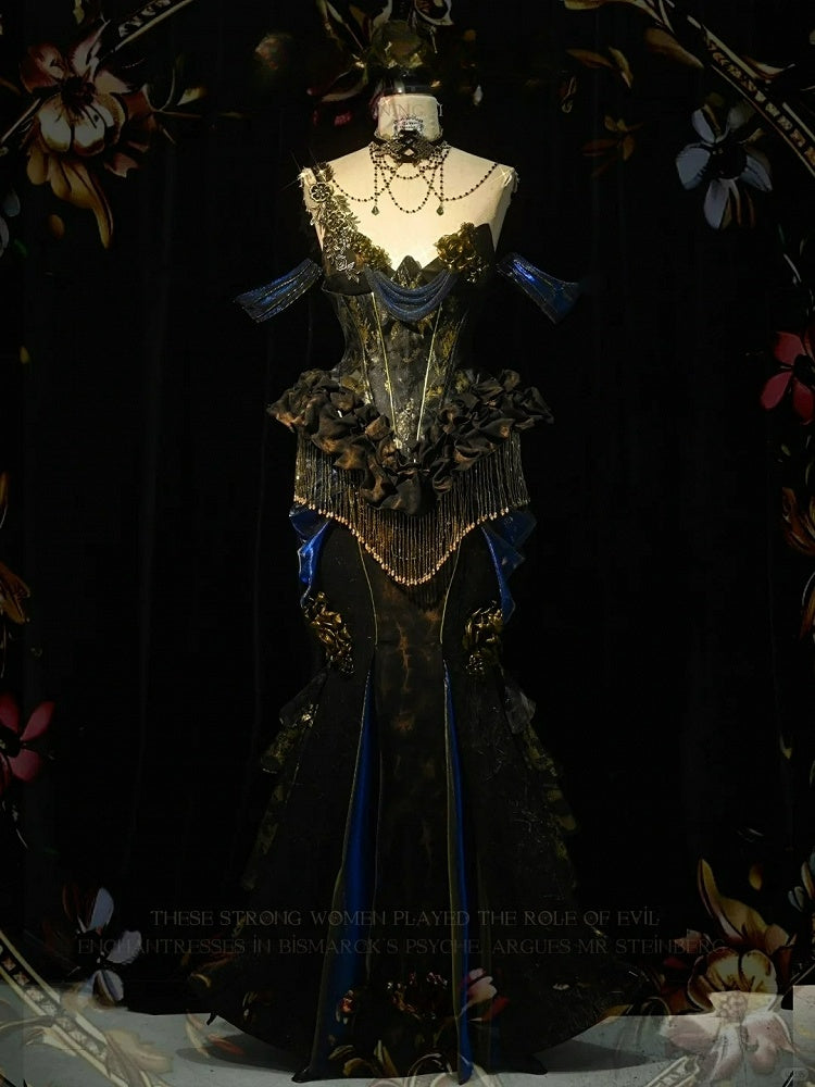 Black and Gold Victorian Goth Mermaid Skirt with Removable Roses Pin and Bead Chain