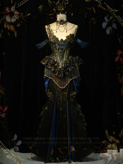 Black and Gold Victorian Goth Mermaid Skirt with Removable Roses Pin and Bead Chain