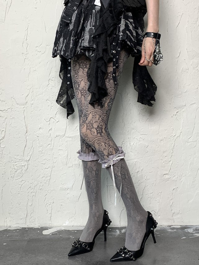 Gray Y2K Polka-dot Pattern Bowknot Self-tie Straps Underknee Stockings