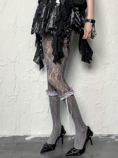 Gray Y2K Floral Pattern Hollow-out Design Tights