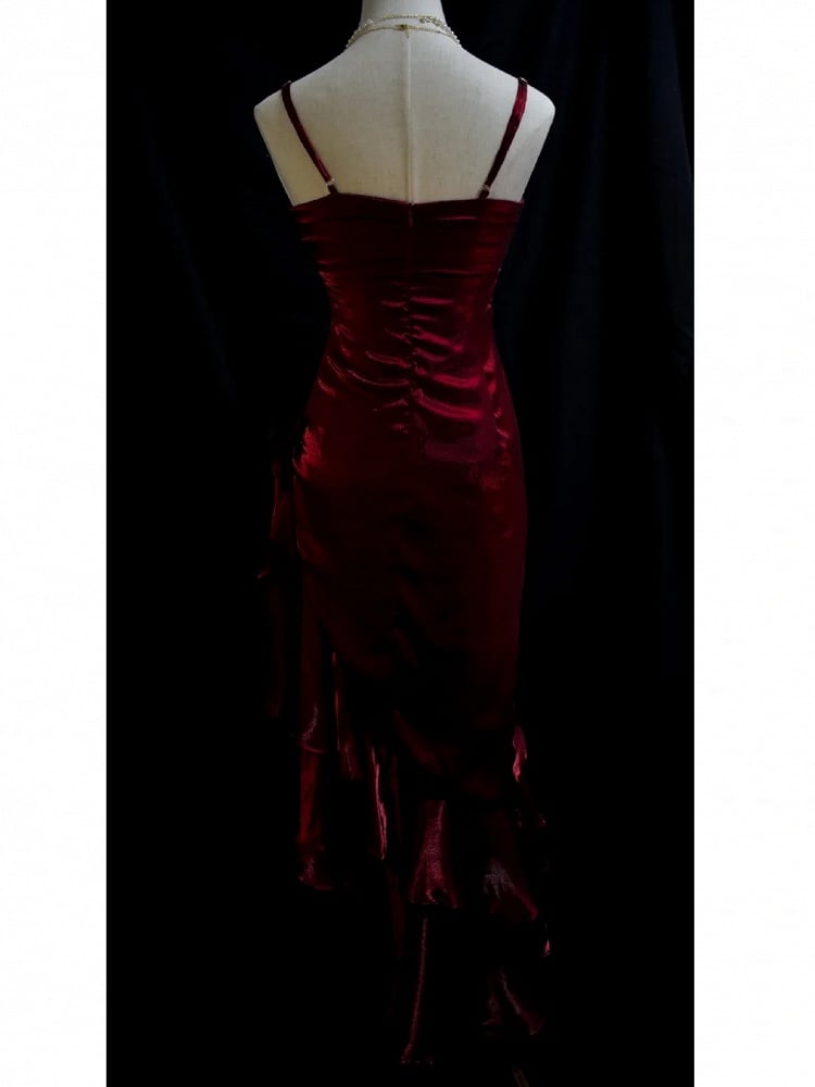 Dark Red Vintage Floral Dress Asymmetrical Hem Prom Gown
