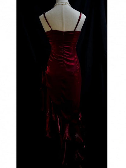 Dark Red Vintage Floral Dress Asymmetrical Hem Prom Gown