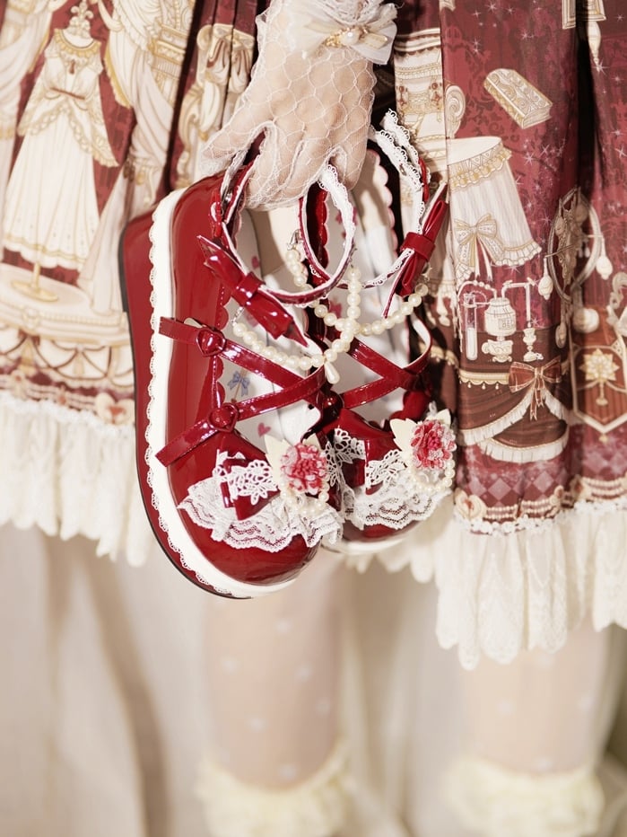 Red Floral Design Bow at Top Lace Trim Heart Buckle Platforms With Detachable Beaded Chain