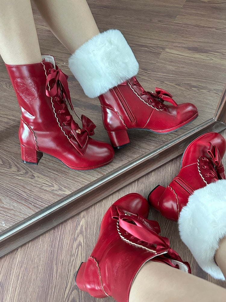 Sweet Red Lolita Boots in PU Leather with Adjustable Lacing & Convertible Plush Collar