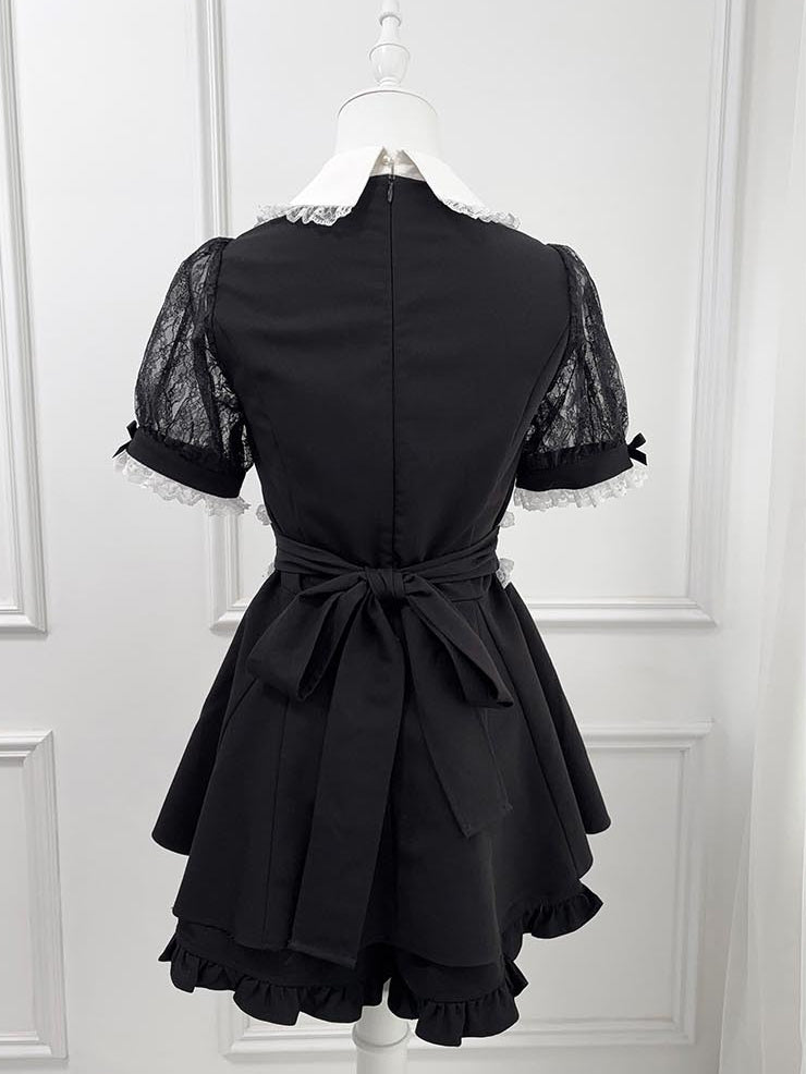 Black Jirai Kei Set -Shirt Collar Sweetheart Rhinestone Decoration Lace Shawl Top + Shorts + Bowtie