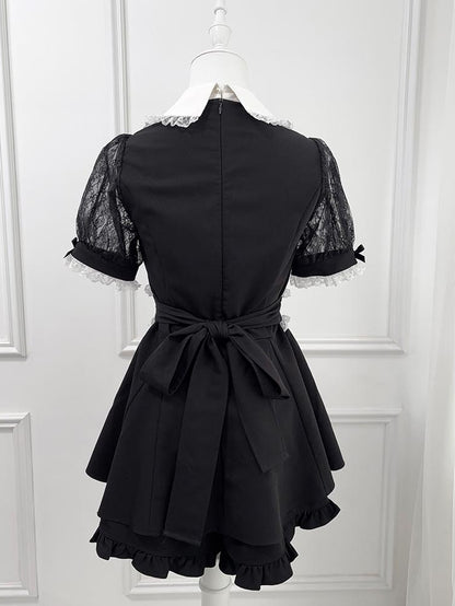 Black Jirai Kei Set -Shirt Collar Sweetheart Rhinestone Decoration Lace Shawl Top + Shorts + Bowtie