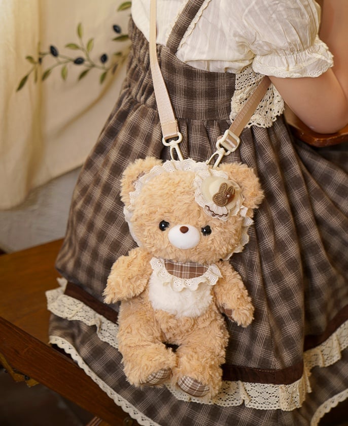 Interchangeable Strap Kawaii Plush Bear Crossbody Bag With Artificial Pearl Strap Option
