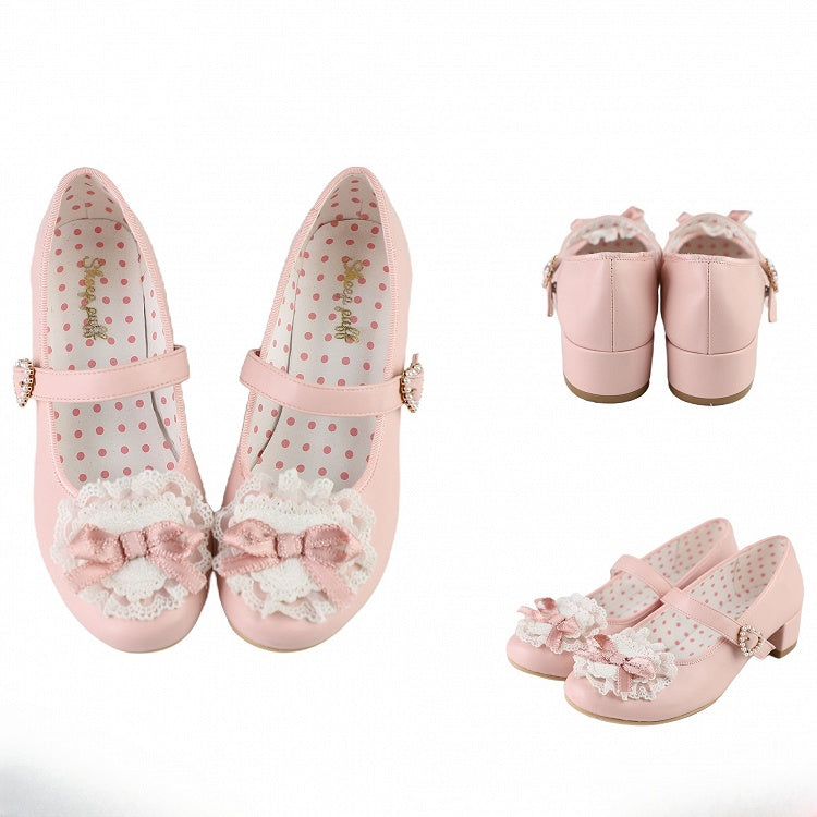 Pink Bow at Top Lace Trim Beaded Heart Buckles Lolita Shoes