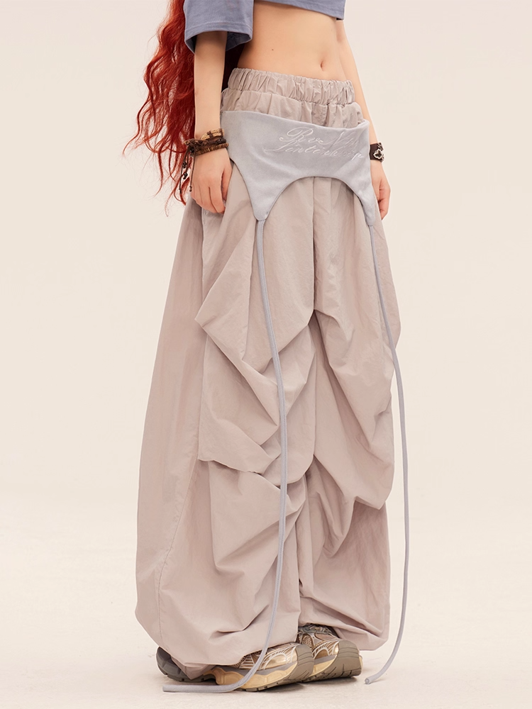 Gray Vintage Wide-leg Casual Pants with Waist Accessory