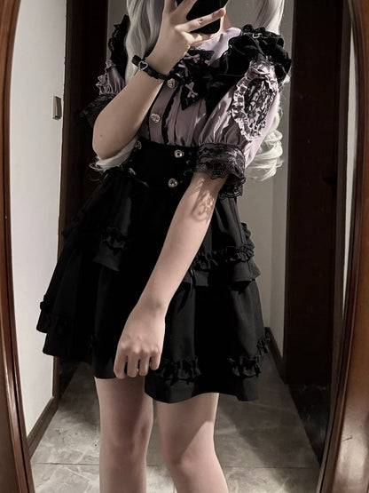 Purple Peter Pan Collar Blouse with Black Lace-up Waist Overall Skirt Jirai Kei Set