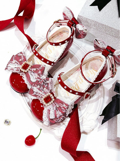 Polished Red Detachable Rhinestone And Beaded Decorated Bowknot Lace Trim 4.5CM Block Heels Shoes