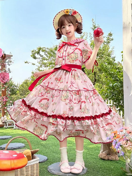 Teddy and Strawberry Print Pink Lolita Short Sleeves Dress
