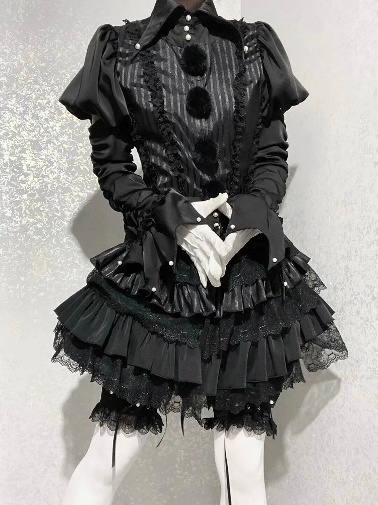 Circus Clown Vibes Ouji Lolita Outfit - Black Pointed Collar Shirt + Bloomer Shorts + Garters