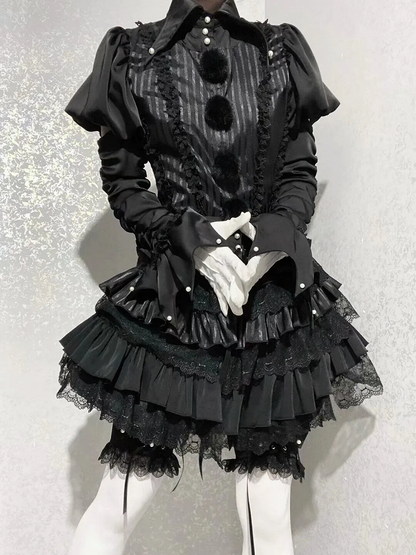 Circus Clown Vibes Ouji Lolita Outfit - Black Pointed Collar Shirt + Bloomer Shorts + Garters