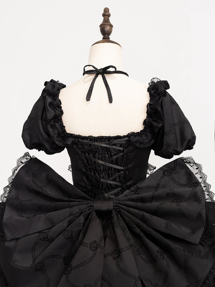 Black Princess Corset Waist Dress Ruffle Skirt Lolita OP with Big Bow at Back