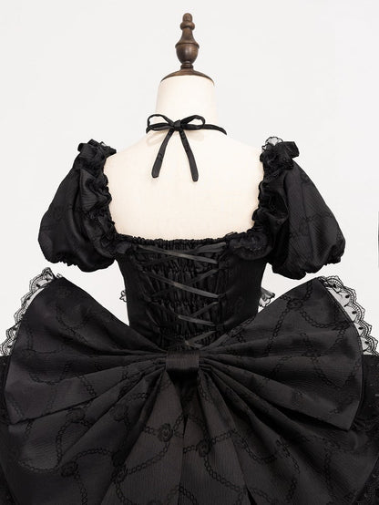 Black Princess Corset Waist Dress Ruffle Skirt Lolita OP with Big Bow at Back